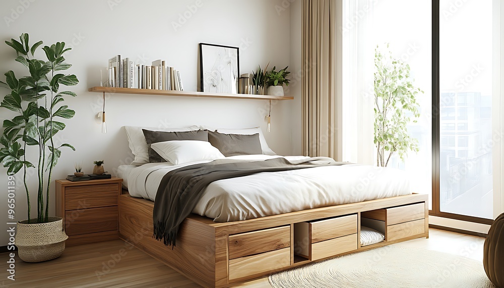 Small Bedroom with Platform Bed, Storage Drawers, and Wall-Mounted Shelves