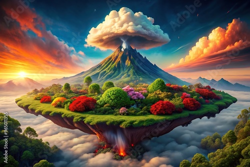 ush greenery vibrant flowers and towering trees scattered across a fertile terrain The island is crowned by a majestic volcano powerfully erupting fiery red lava into the dark expanse of outer space photo