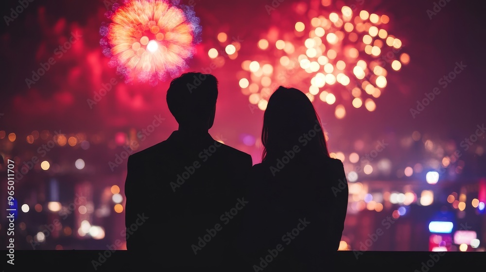 Silhouette of couple looking at fireworks. Fireworks background