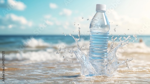 A refreshing image of a water bottle with a splash of the drink against a serene beach scene. The splash is depicted in a way that captures the coolness and freshness of the drink. The bottle is photo