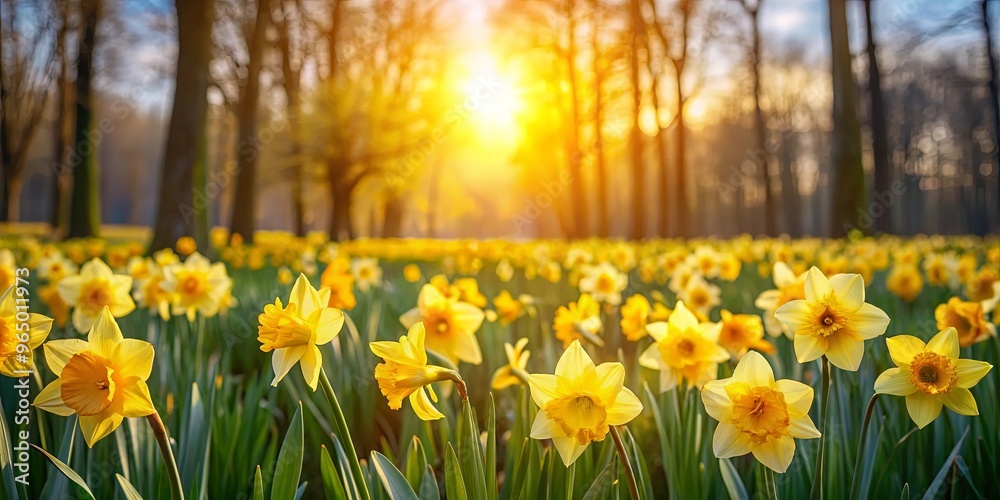 Obraz premium Field of yellow daffodils with sunlight filtering through trees in background