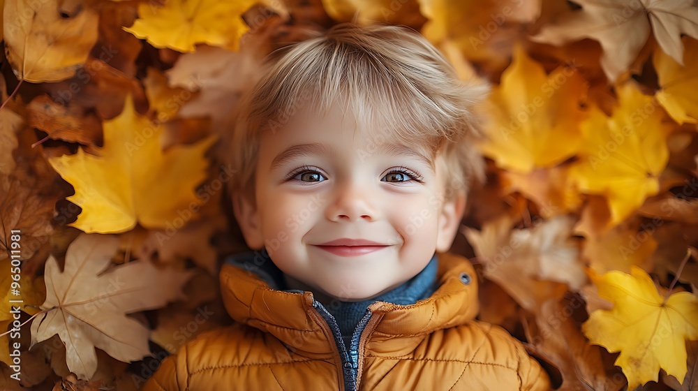 A smiling little boy laying in a pile of autumn leaves. A smiling little boy laying in a pile of autumn leaves.