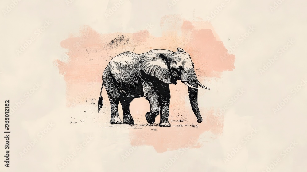 Fototapeta premium Elegant Vintage Elephant Line Art with Watercolor Accents on Abstract Background