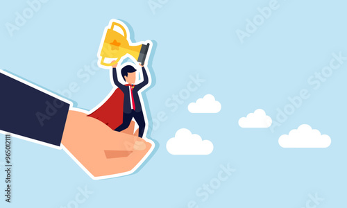 A hand holding a super businessman carrying a trophy, illustration of A company awarding employees who excel and complete many business projects