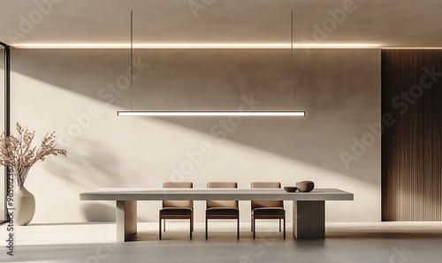 Minimalist Dining Area with Linear Concept, Rectangular Table, and Straight-Backed Chairs photo