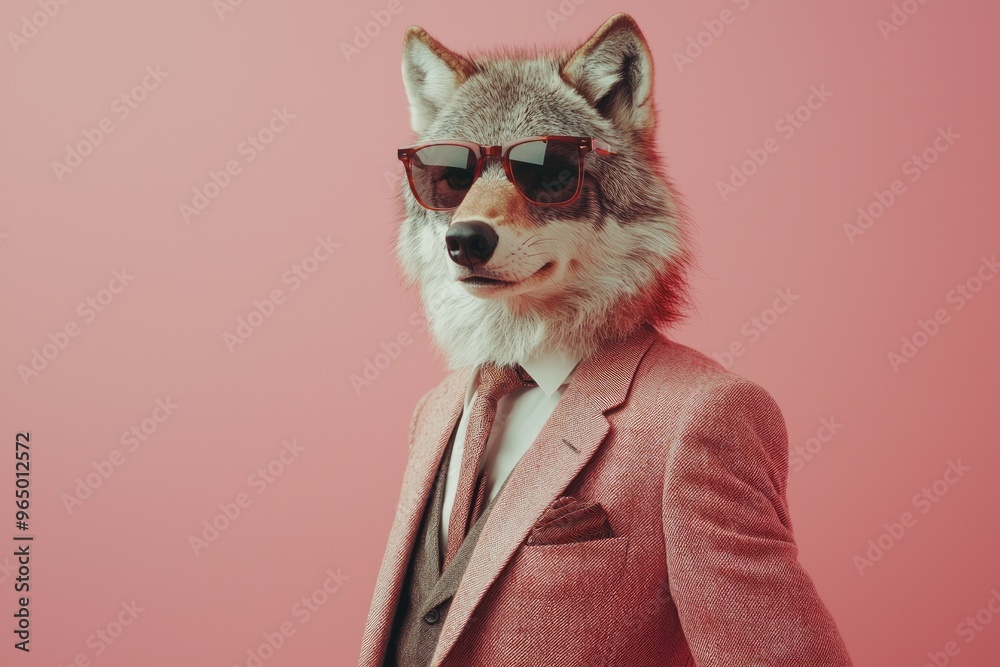 Fashionable Wolf in Sunglasses and Suit with Copy Space in Pastel Studio, Surreal Animal Portrait Fashionable Wolf in Sunglasses and Suit with Copy Space in Pastel Studio, Surreal Animal Portrait