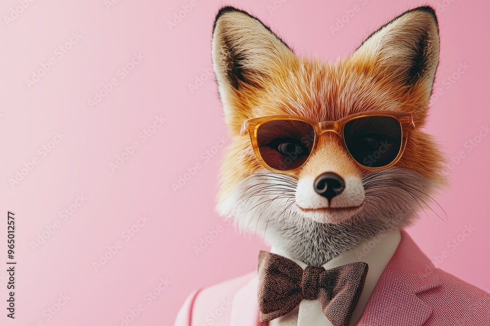 Obraz premium Modern and Stylish Fox, Surreal Animal Face in Sunglasses and Suit, Pastel Studio Background