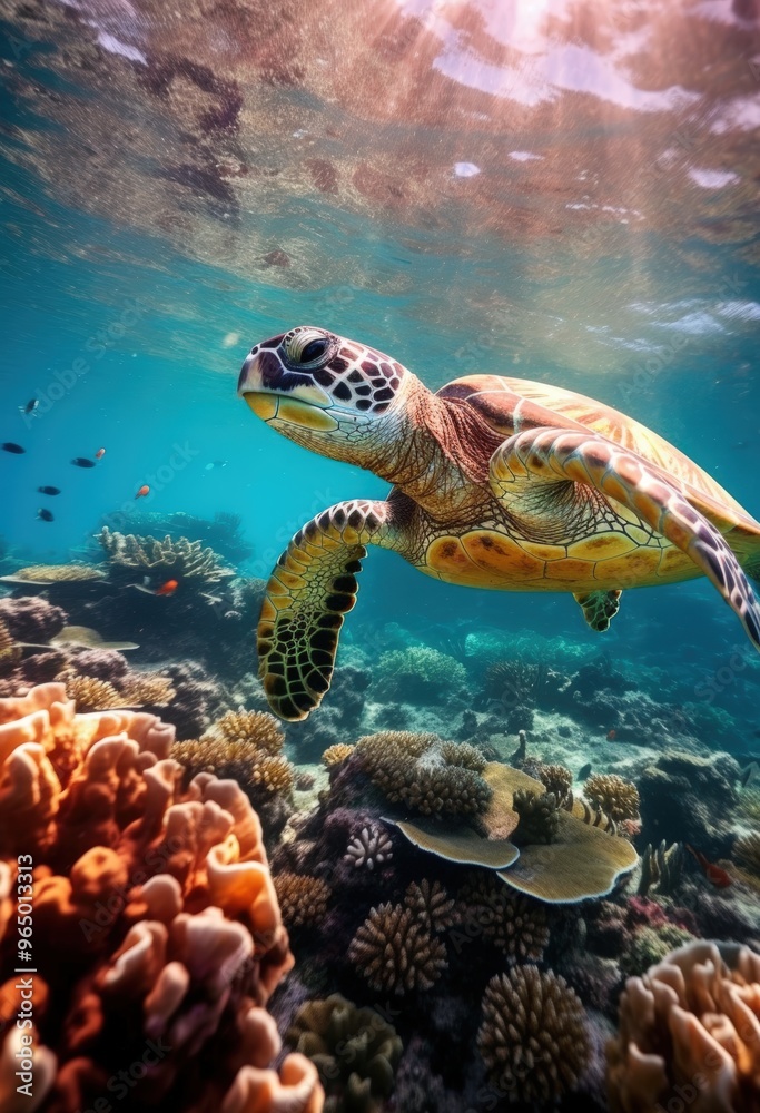 Obraz premium Sea turtle swims through coral