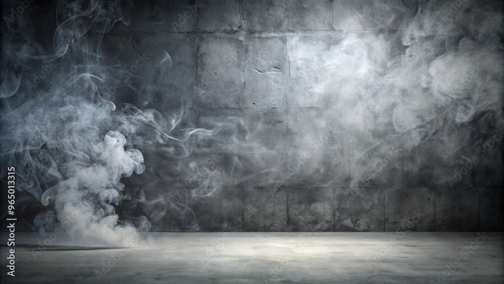 Dark abstract cement wall with floating smoke in studio room, perfect for product displays