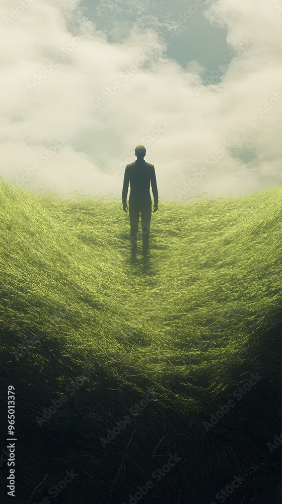 Silhouette of a Person Standing on a Grassy Hill with a Cloudy Sky Above Silhouette of a Person Standing on a Grassy Hill with a Cloudy Sky Above
