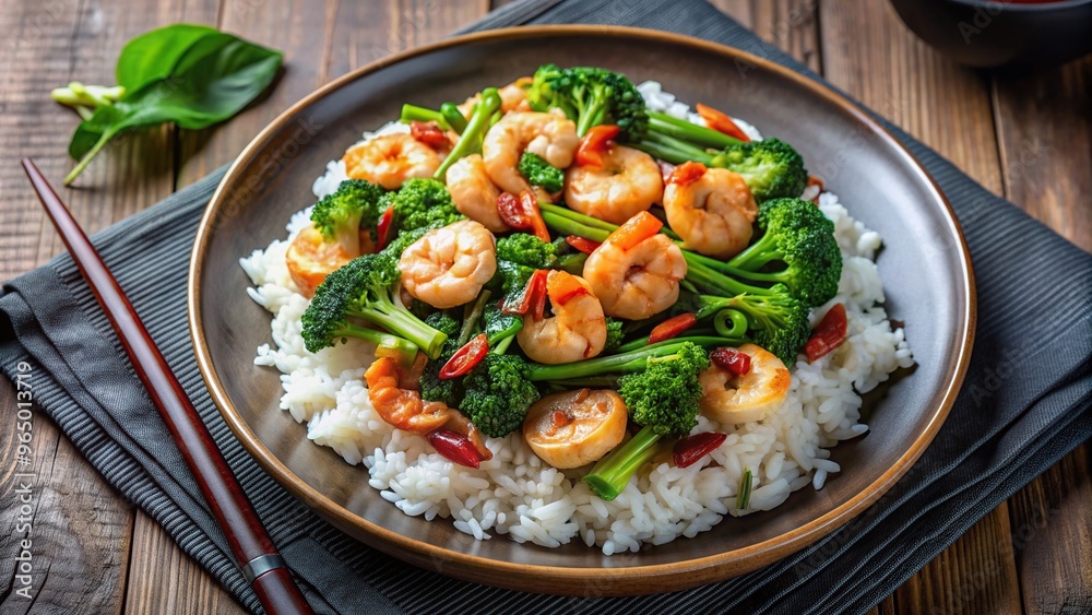 rice, flavorful, vegetables, savory, appetizer, high angle shot, A high angle shot of a beautifully plated dish of Chinese broccoli with shrimp and garlic sauce served on a bed of rice rice, flavorful, vegetables, savory, appetizer, high angle shot, A high angle shot of a beautifully plated dish of Chinese broccoli with shrimp and garlic sauce served on a bed of rice