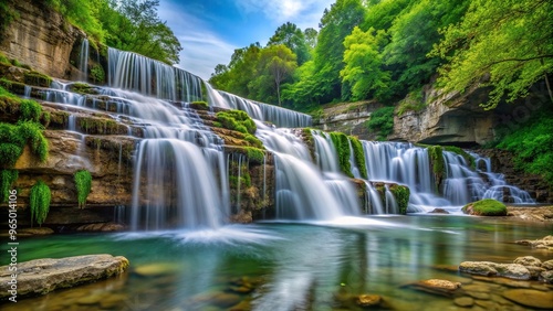 A stunning photograph of a waterfall at the Chickasaw National Recreation Area captured from a tilted angle showing the cascading water against a lush natural backdrop, destination, serene
