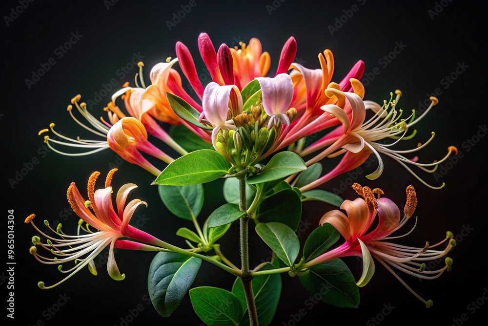 Fototapeta premium Blooming decorative honeysuckle flowers brightly stand out against a dark black background creating a visually striking and symmetrical composition, black background, fragrant