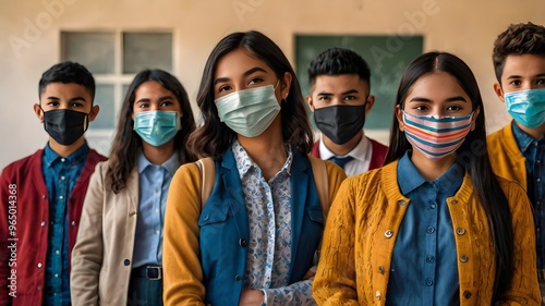 Personas en una escuela con mascarilla