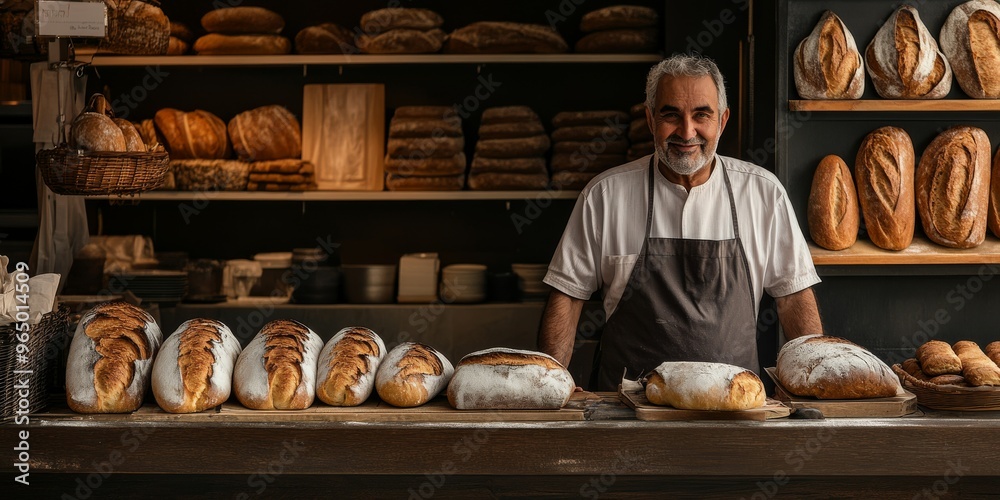 Warm Inviting Bakery with the Owner Proudly Displaying Fresh Bread and Pastries Warm Inviting Bakery with the Owner Proudly Displaying Fresh Bread and Pastries
