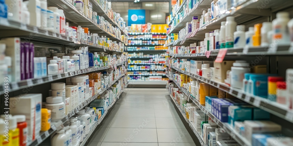 Well-Organized Drugstore Aisle with Neatly Arranged Over-the-Counter Medications Well-Organized Drugstore Aisle with Neatly Arranged Over-the-Counter Medications