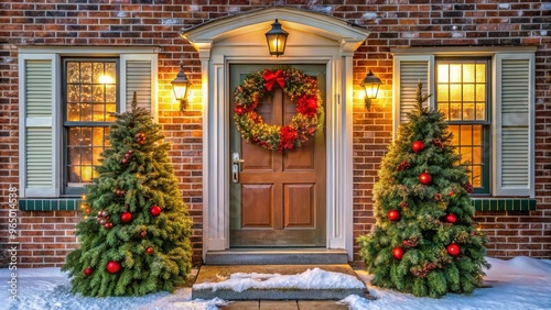 Festive house with Christmas wreath on front door