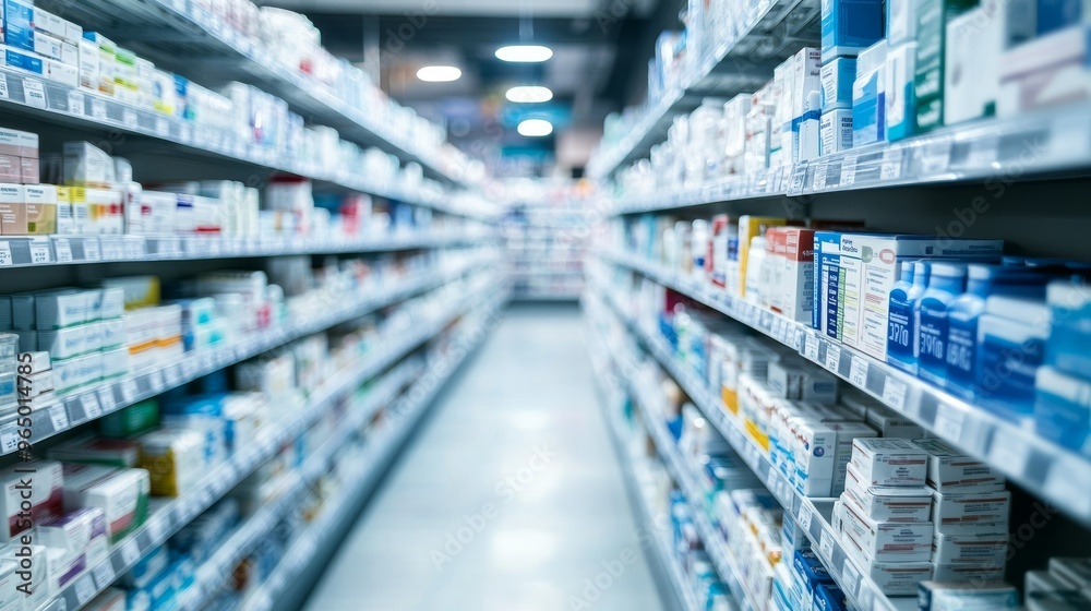 Well-Organized Drugstore Aisle with Neatly Arranged Over-the-Counter Medications Well-Organized Drugstore Aisle with Neatly Arranged Over-the-Counter Medications