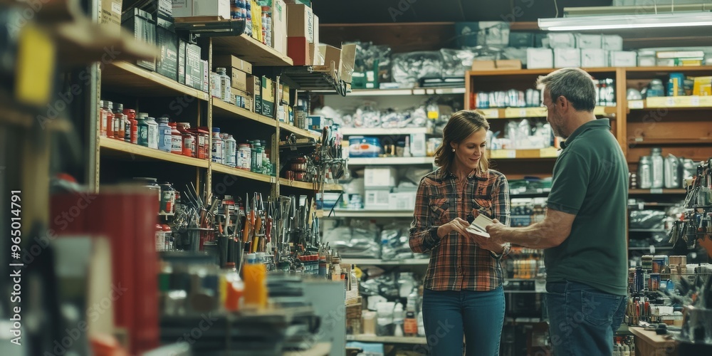 Well-Stocked Hardware Store with the Owner Assisting a Customer Well-Stocked Hardware Store with the Owner Assisting a Customer