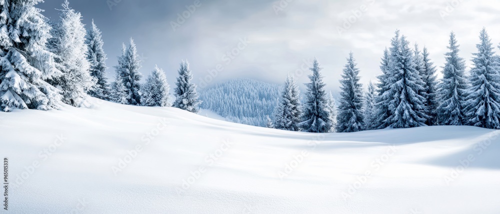 Fototapeta premium Scenic winter landscape features snow-covered hills and evergreen trees under a moody sky, creating a tranquil nature scene.