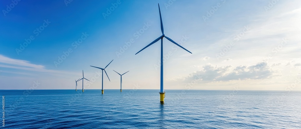 Scenic view of offshore wind turbines towering above the calm ocean under a bright blue sky, symbolizing renewable energy. Scenic view of offshore wind turbines towering above the calm ocean under a bright blue sky, symbolizing renewable energy.