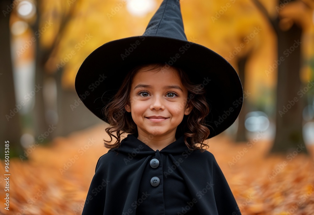 Halloween Witch Costume Fun Hispanic Girl in Autumn Leaves with Pointed Hat Halloween Witch Costume Fun Hispanic Girl in Autumn Leaves with Pointed Hat