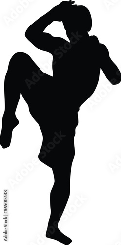 Muay thai fighter silhouette illustration. Traditional muay thai pose full body.