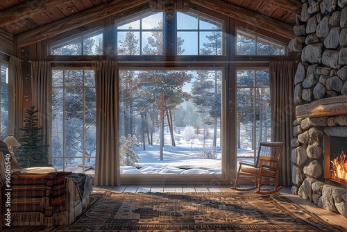 Cozy American-Style Living Room with Large Windows, Stone Walls, Beams, Fireplace, and Snowy View