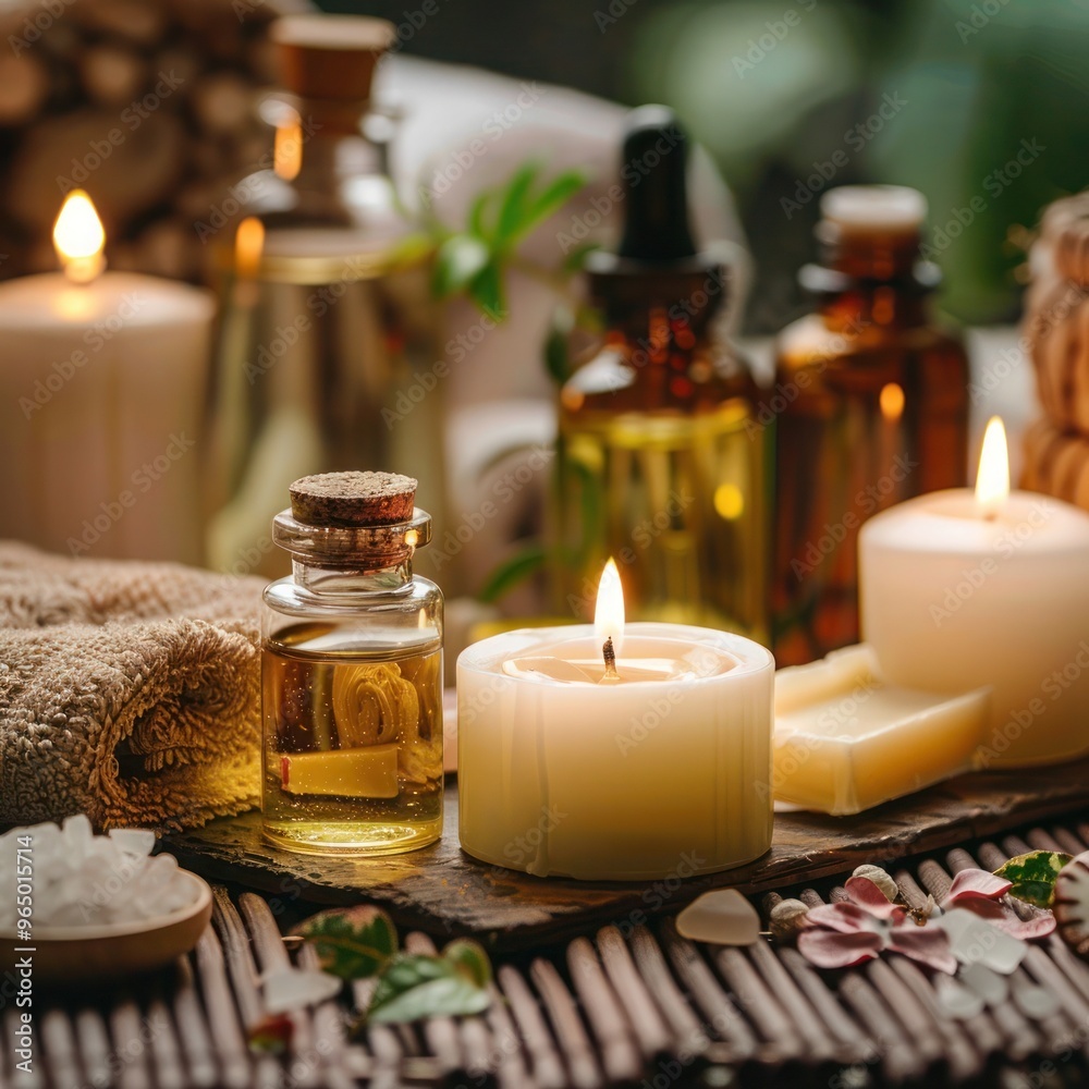 Spa Setting with Candles, Oils, and Natural Elements Spa Setting with Candles, Oils, and Natural Elements