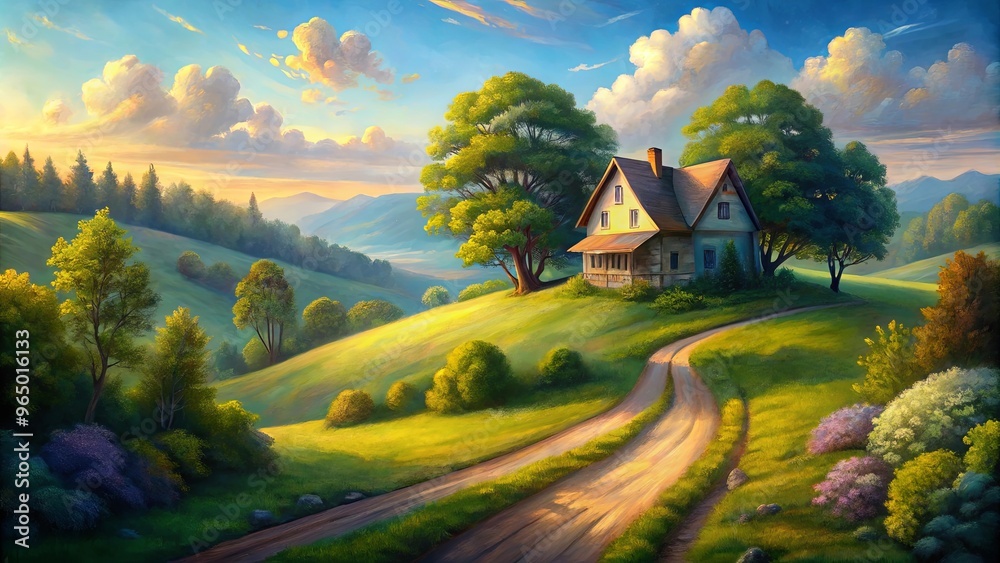 A picturesque landscape painting of a house on a hill with a road and trees A picturesque landscape painting of a house on a hill with a road and trees
