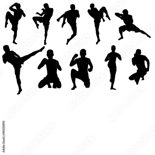 Set of muay thai fighter silhouette illustration. Traditional muay thai pose full body.