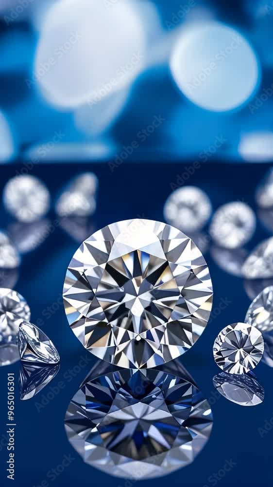 collection of sparkling diamonds arranged on a reflective surface. The diamonds are in various shapes and sizes, with the central diamond prominently featured in the foreground collection of sparkling diamonds arranged on a reflective surface. The diamonds are in various shapes and sizes, with the central diamond prominently featured in the foreground