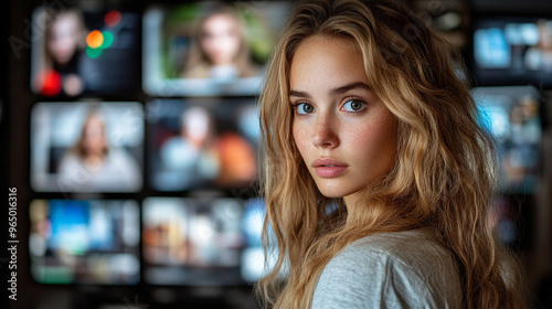 woman examines digital screens, reflecting a futuristic approach to technology and innovation. Her focused gaze suggests deep analysis and the pursuit of advanced solutions 