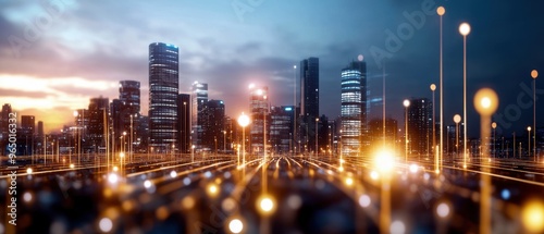 A stunning urban skyline at sunset, illuminated by glowing lights that create a vibrant city atmosphere.