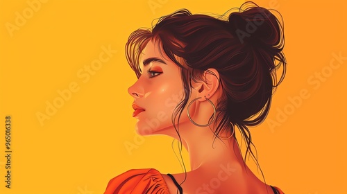 An illustration of a woman with long brown hair, wearing large hoop earrings, facing to the side, with an orange background.