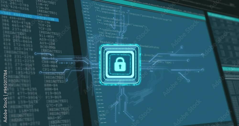 Animation of padlock icon and digital data processing over computer screens