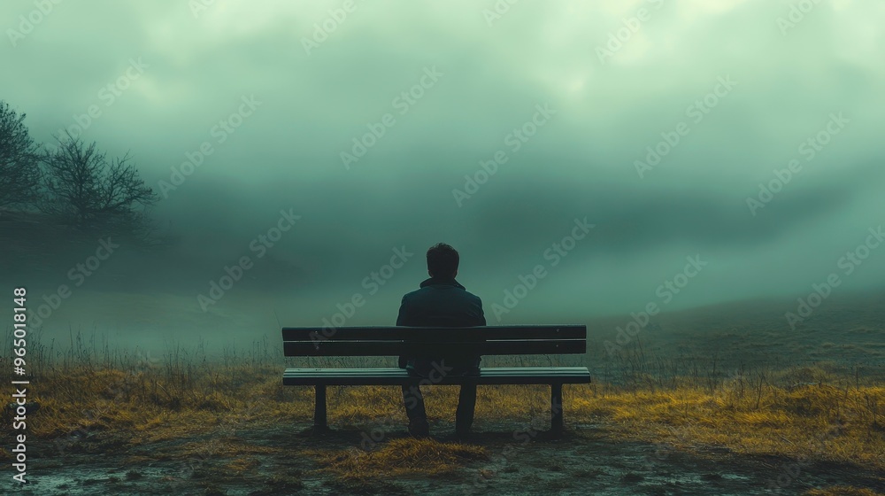 A figure sitting on a bench looking at a desolate landscape, [loneliness], [contemplation of life's emptiness]