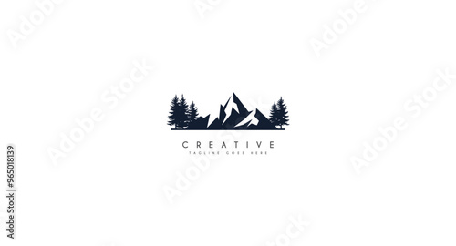 Sea Lake River Evergreen Forest Mountain Landscape Silhouette for outdoor adventure logo design