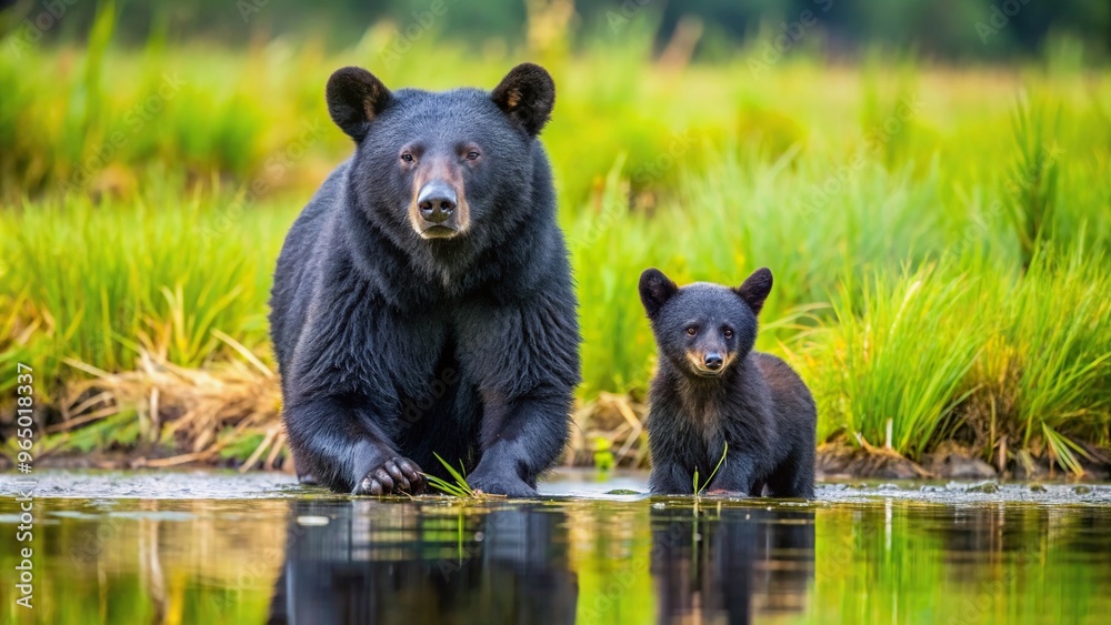 medium shot, Alligator River, National Wildlife Refuge,black bear, A medium shot of a black bear mother with cub in the Alligator River National Wildlife Refuge