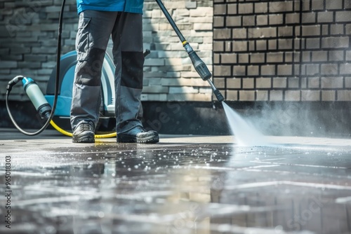 Professional worker using pressure washer, exterior cleaning, sidewalk, water spray, working outdoors, cleaning concept