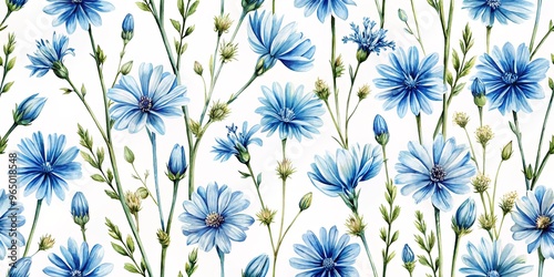 Watercolor chicory flowers seamless pattern design with delicate and elegant blue flowers on white background