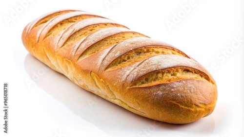 food, white background, fisheye, baked goods, delicious, close-up, artisan, tasty, A close up shot of a long loaf of bread placed on a white background viewed through a fisheye lens