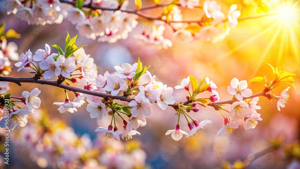 Natural background of a branch from a fully blossomed cherry tree illuminated by the warm rays of the sun creating a stunning asymmetrical composition, asymmetrical, season, rays Natural background of a branch from a fully blossomed cherry tree illuminated by the warm rays of the sun creating a stunning asymmetrical composition, asymmetrical, season, rays