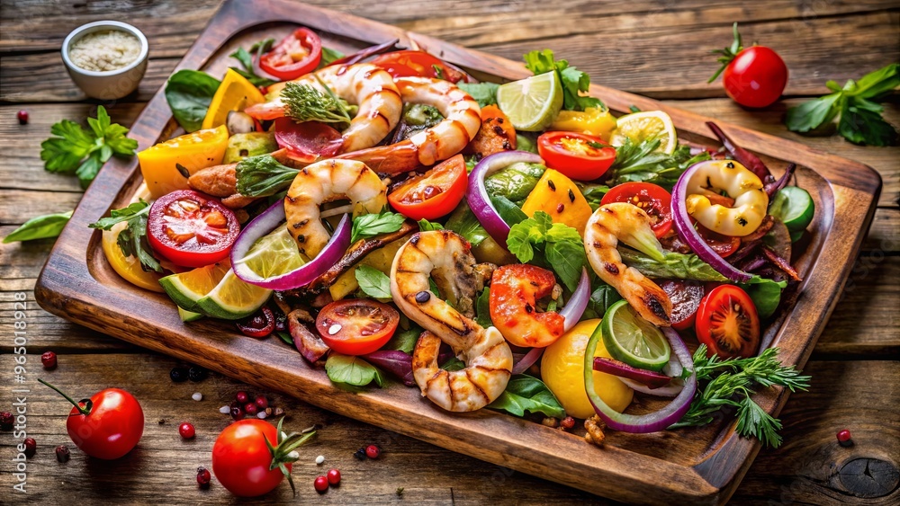 Grilled shrimp and seafood salad with vibrant vegetables served on a rustic wooden cutting board Grilled shrimp and seafood salad with vibrant vegetables served on a rustic wooden cutting board