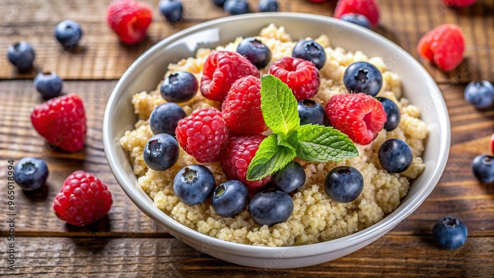 A close up view of a healthy meal consisting of quinoa topped with fresh raspberries and blueberries served in an aerial perspective, healthy, blueberry, grain, meal, quinoa, raspberry A close up view of a healthy meal consisting of quinoa topped with fresh raspberries and blueberries served in an aerial perspective, healthy, blueberry, grain, meal, quinoa, raspberry
