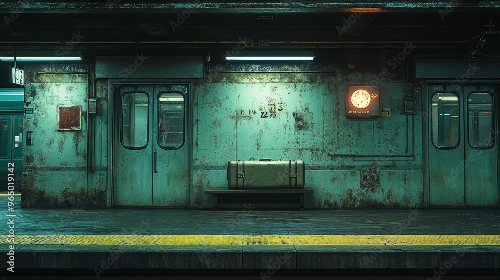 Empty train station with a lone suitcase on the platform, [abandonment], [sense of being left behind]