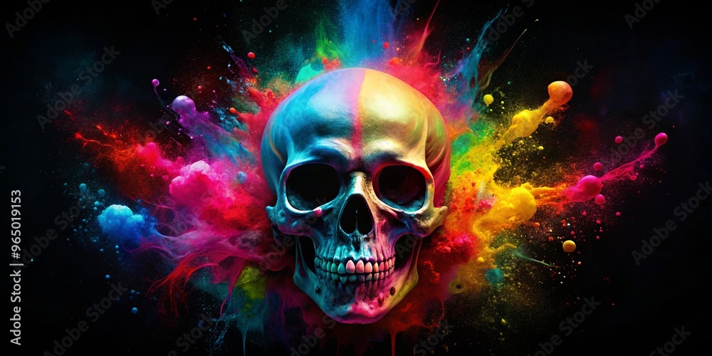 Colorful skull on black background with a splash of red Colorful skull on black background with a splash of red