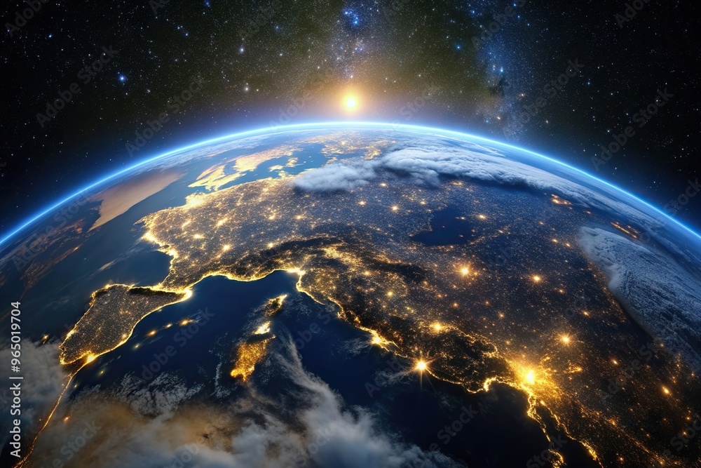 Obraz premium Earth from space at night glowing in a multitude of city lights and surrounded by darkness, isolated, city, space, technology, exploration, glowing, universe, civilization, lights, continent