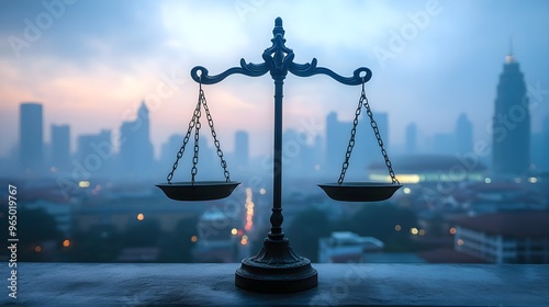 A scale perfectly balanced to symbolize equality, with a concept of precision in the measurement of justice (focus on) - equality in society theme - ethereal - Composite - urban skyline backdrop