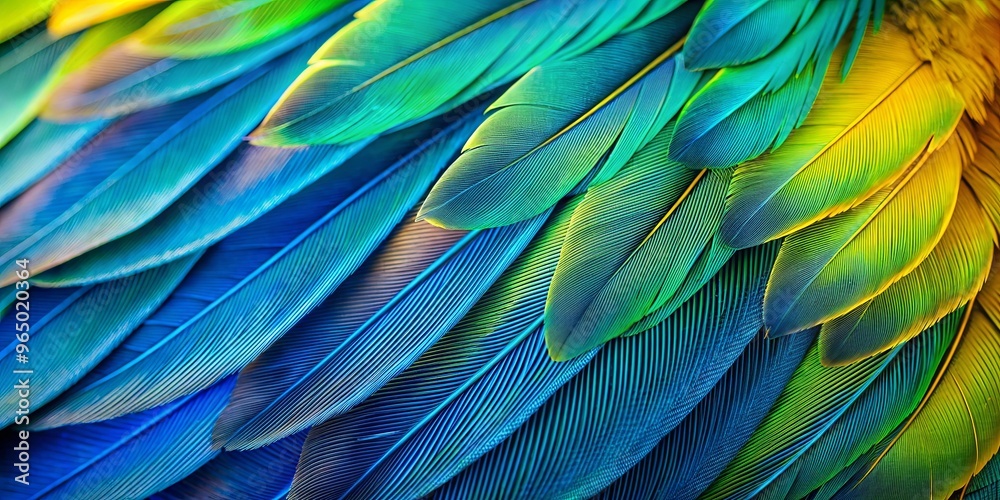 Close-up of a vibrant blue, green, and yellow feathered bird's wing Close-up of a vibrant blue, green, and yellow feathered bird's wing